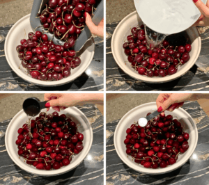adding water, vinegar, and baking soda to wash cherries