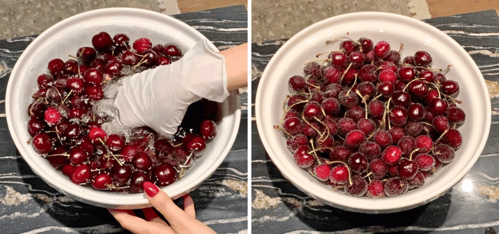 mixing cherries and letting sit to wash