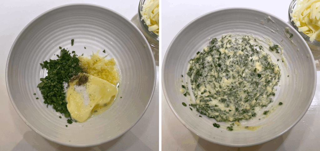garlic bread spread being mixed in a bowl including butter parsley and garlic