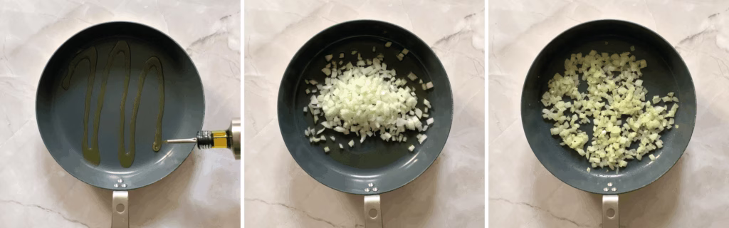 adding olive oil to a pan and adding chopped onions to cook