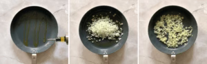 adding olive oil to a pan and adding chopped onions to cook