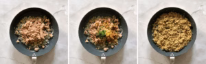 adding tuna, mustard, parsley, and other spices to a pan with onions to cook