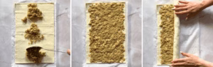 filling puff pastry sheet with cooked tuna and rolling