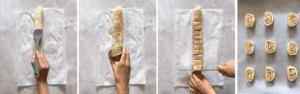 cutting a filled puff pastry sheet into even pieces and placing on a baking tray to bake