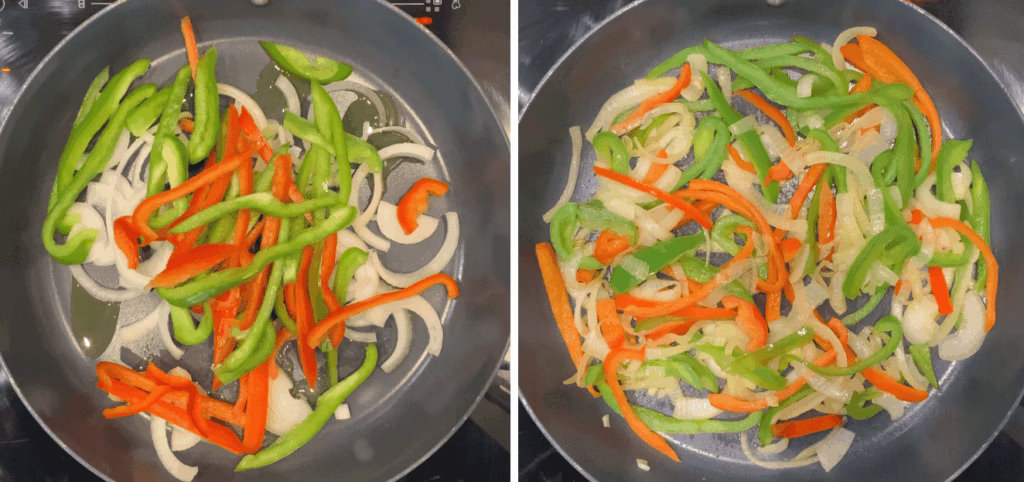 Sliced peppers and onion strips cooking in a pan with olive oil.