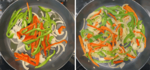Sliced peppers and onion strips cooking in a pan with olive oil.