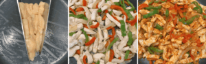 Chopped chicken cooking in a pan with peppers and onions.