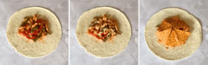 Large tortilla topped with chicken filling, nacho cheese, and Doritos.