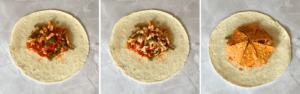 Large tortilla topped with chicken filling, nacho cheese, and Doritos.