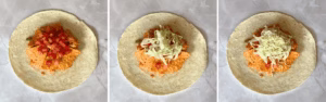 Tortilla layered with diced tomatoes, shredded lettuce, and mozzarella.