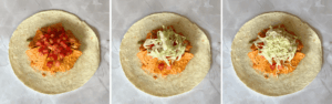 Tortilla layered with diced tomatoes, shredded lettuce, and mozzarella.
