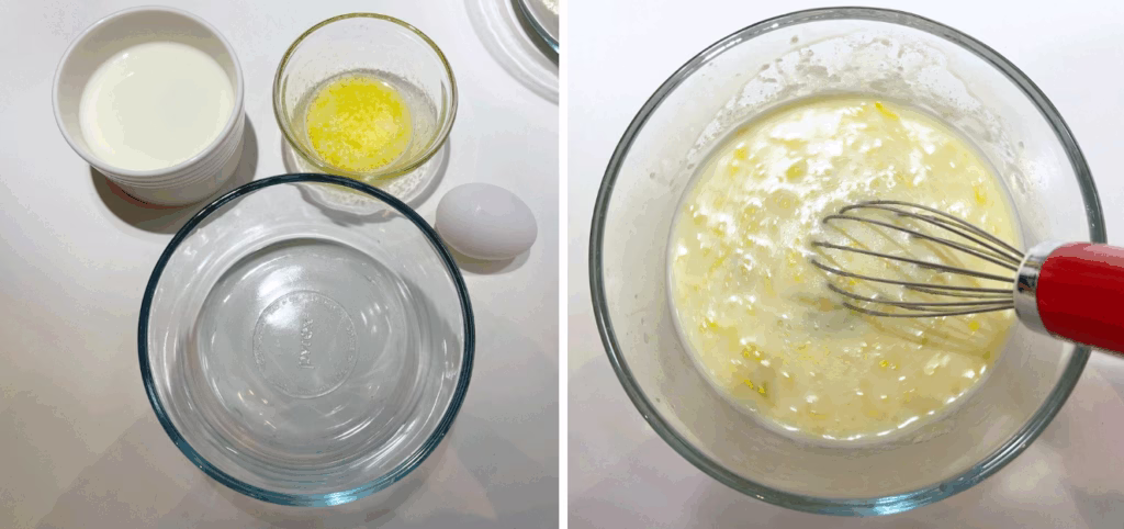 whisking egg milk and melted butter for blinis recipe