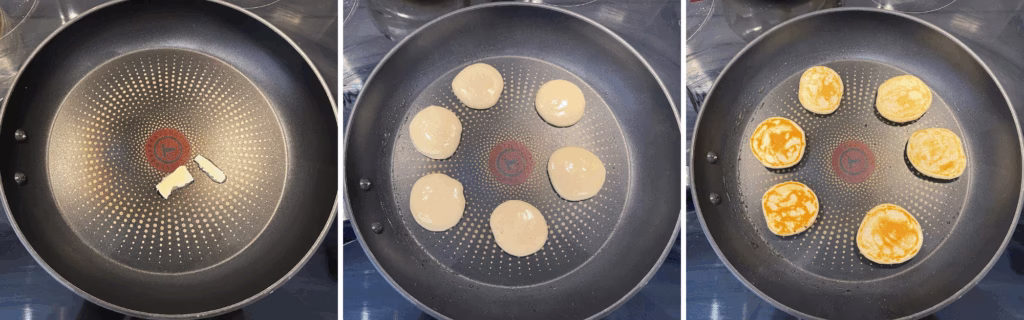 cook mini blinis on buttered pan spoon batter then flip to lightly golden for salmon blinis