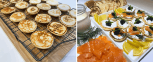 blinis recipe cooling on a rack and then decorated for serving
