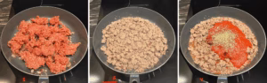 Ground beef browning and tomato sauce simmering for bolognese sauce recipe