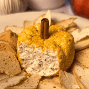 close up of fall appetizer pumpkin cheeseball