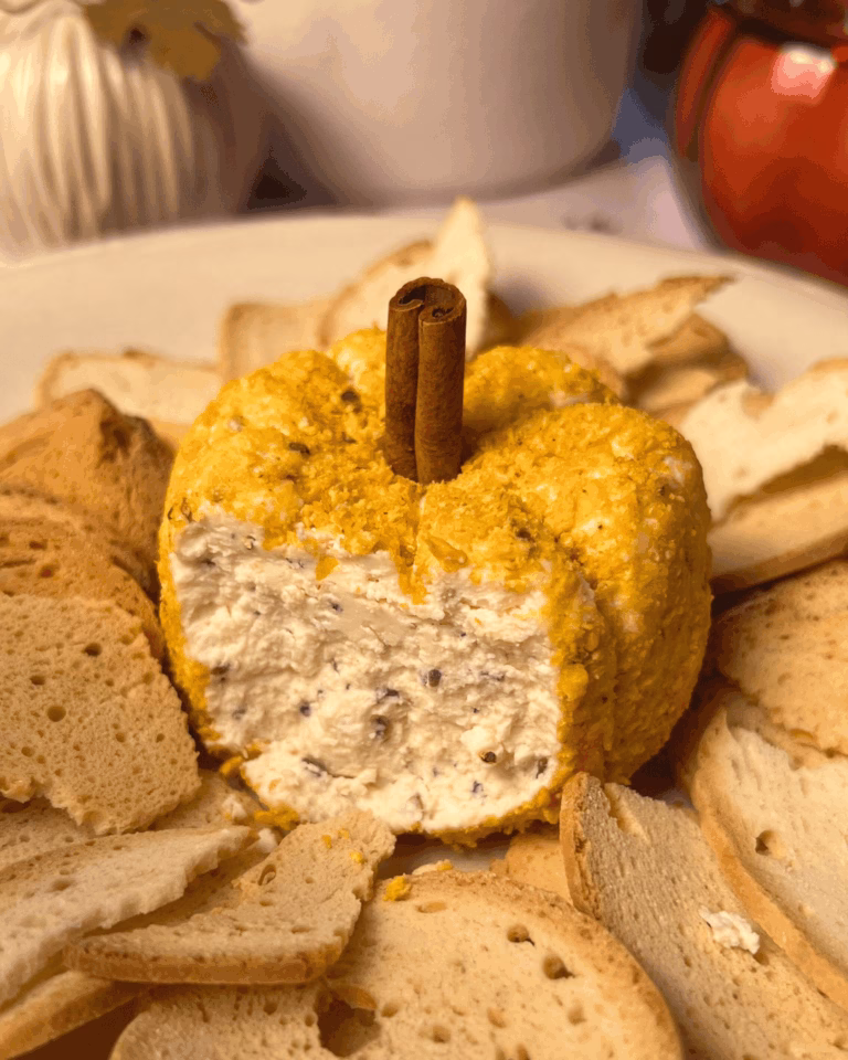 close up of fall appetizer pumpkin cheeseball