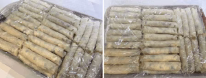 layering cheese rakakat on a tray to freeze