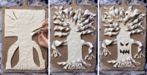 Cutting puff pastry into tree shape for Halloween dessert