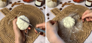 removing threads to dip pumpkin cheeseball
