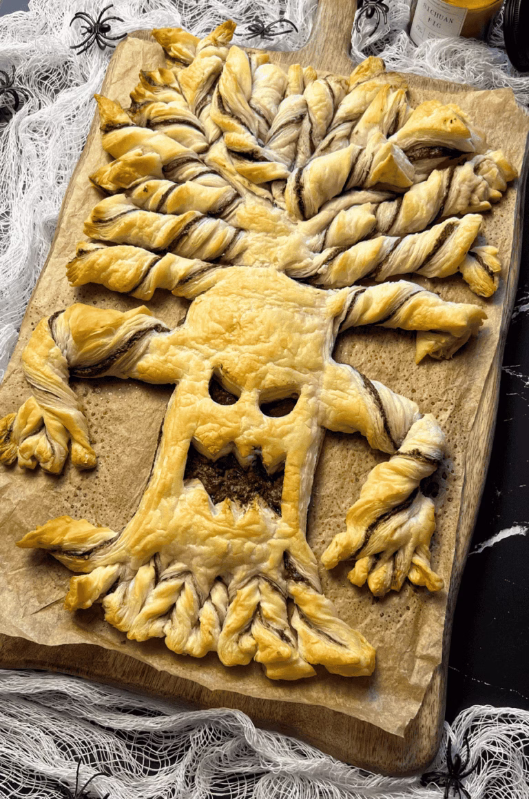 Halloween puff pastry tree decorated for party table