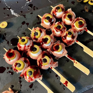 halloween prosciutto mozzarella skewers on platter