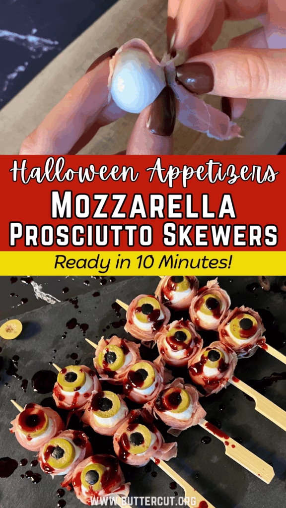 Halloween prosciutto mozzarella skewers with mozzarella eyeballs easy spooky appetizer