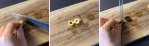 cutting green olives for halloween appetizer