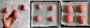 shaped pink burger buns before and after baking