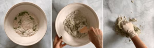 mixing flour to make spinach pizza dough