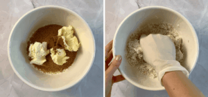 mixing crumble to make crumble cake with apples
