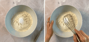 mixing flour and baking soda to make cake