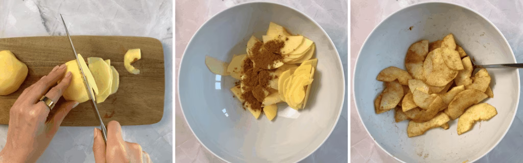 slicing apples and mixing them with cinnamon powder