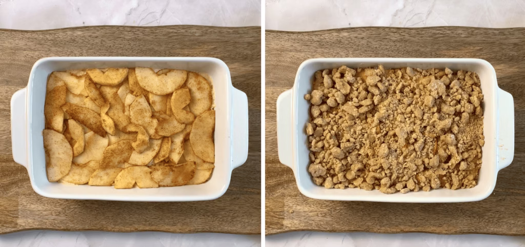 topping batter with cinnamon apples and adding crumble on top to make apple crum cake