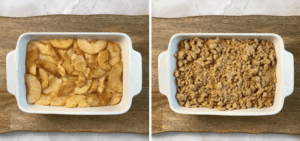 topping batter with cinnamon apples and adding crumble on top to make apple crum cake