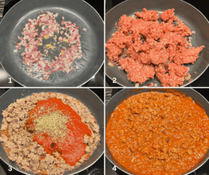Step of making bolognese for homemade lasagna in a pan with tomato sauce and minced meat