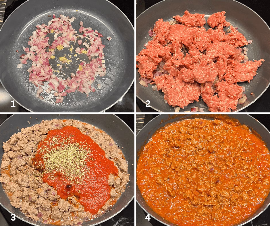 Step of making bolognese for homemade lasagna in a pan with tomato sauce and minced meat