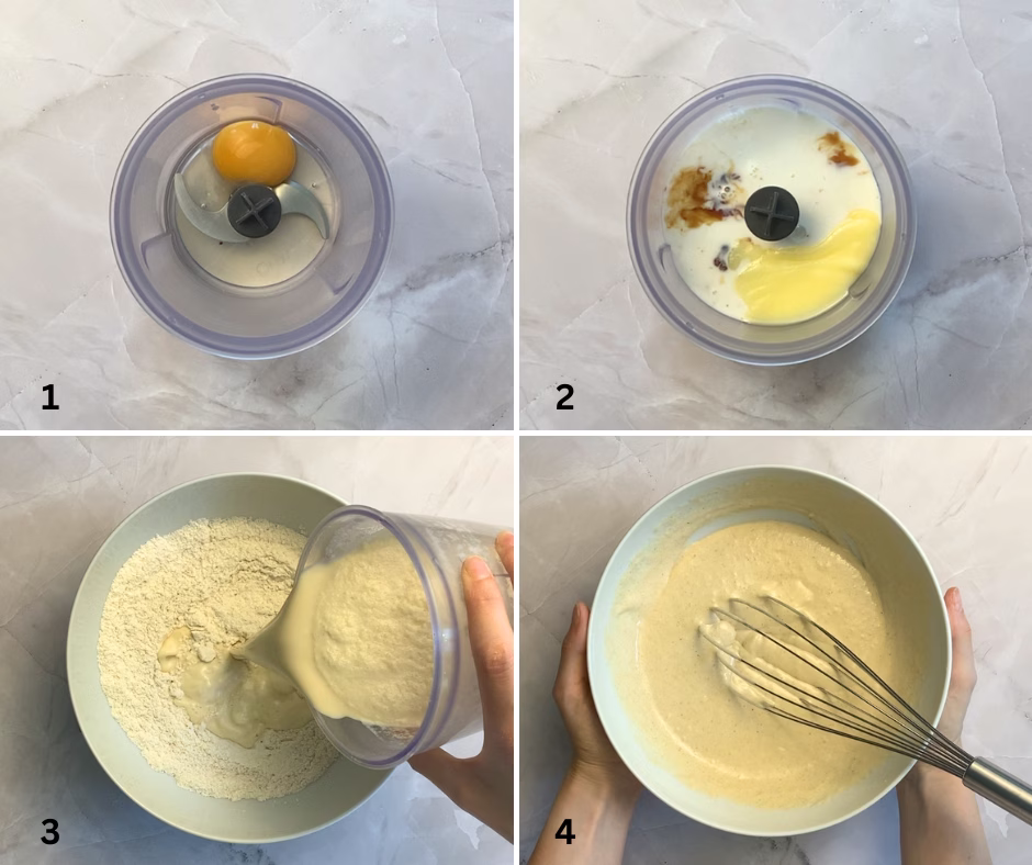 mixing wet ingredients then adding them to dry to make cinnamon roll pancakes