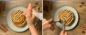 adding cream cheese glaze to stacked cinnamon roll pancakes