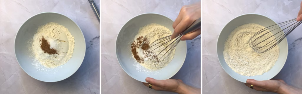 mixing dry ingredients to make cinnamon roll pancakes