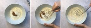 mixing dry ingredients to make cinnamon roll pancakes