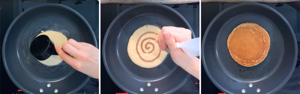 cooking cinnamon roll pancakes in a pan