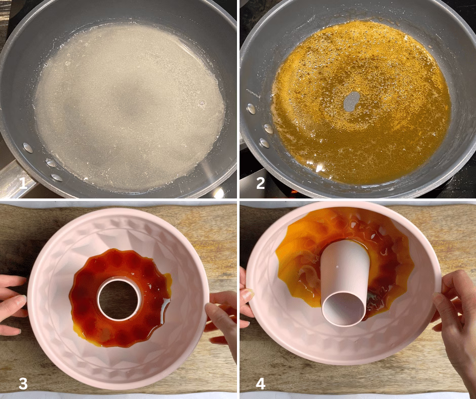 melting sugar and water to make caramel for homemade flan