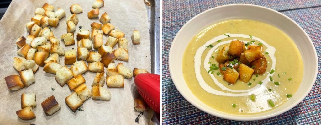 homemade croutons topped on top of potato leek soup bowl