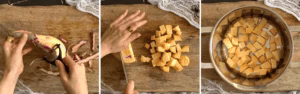 Peeled and cut sweet potatoes in a pot with water, first step to boil sweet potatoes for this Halloween recipe.