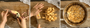 Peeled and cut sweet potatoes in a pot with water, first step to boil sweet potatoes for this Halloween recipe.