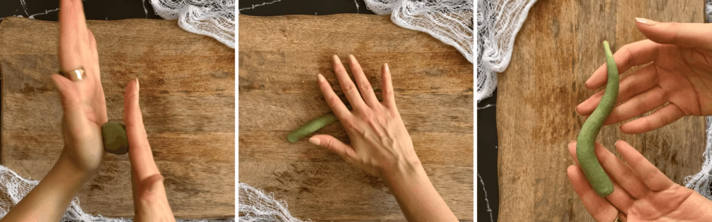 Shaping sweet potato tentacles before baking, fun Halloween baking idea.