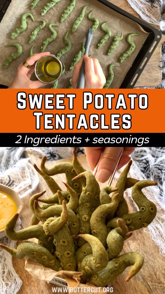 halloween food idea on how to make sweet potato tentacles pin