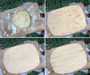 rolling dough on floured surface to make sugar cookie cinnamon rolls