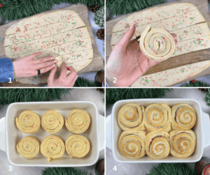 rolling stripes of dough to make sugar cookie cinnamon rolls